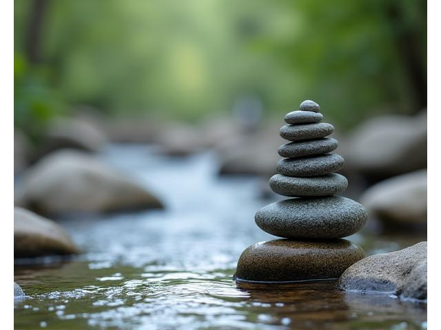 Stacked stones symbolizing balance next to a calm stream, representing holistic wellness