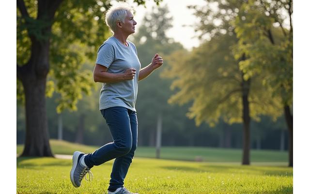 An adult enjoying gentle outdoor exercise, like yoga or walking in nature, representing sustainable fitness.