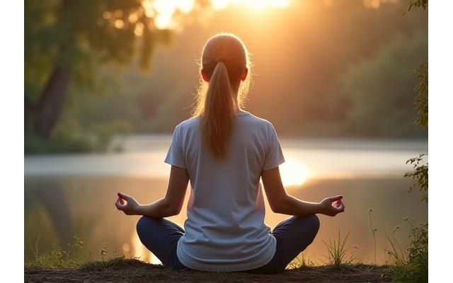 A tranquil person meditating in a peaceful, natural environment, symbolizing stress reduction and mindfulness.