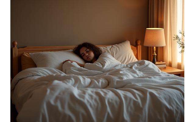 A serene bedroom scene with a person sleeping peacefully, illustrating the importance of restful sleep.