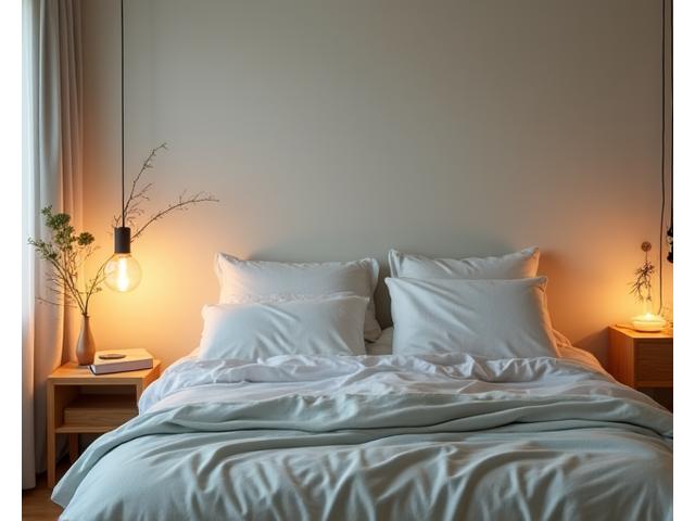 A peaceful bedroom with warm lighting